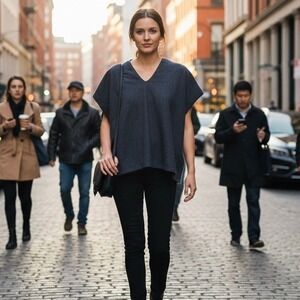 Atlier  Delphine Celeste Boxy Dark Blue V Neck Poncho Top Size S Made in USA